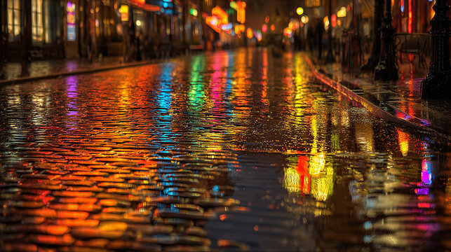 Illuminating city street reflecting neon lights on the wet pavement during the night