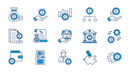 Personal finance thin blue icon set. Containing budget, savings, investment, expense, income, tax, loan, mortgage, bank, money management. Vector illustration