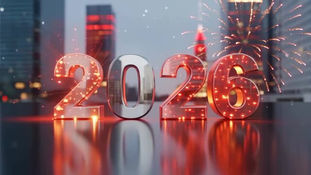 Welcoming the year 2026 with an animation of chrome numbers transitioning to glowing red as festive fireworks explode over a modern city skyline, celebrating a new beginning with reflections