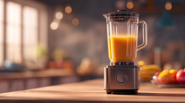 Blender with fresh orange juice on kitchen counter, healthy lifestyle and homemade wellness