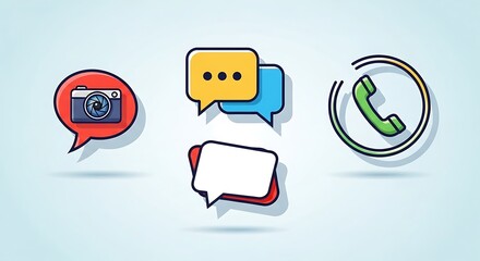 Set of communication and social media icons including camera, chat bubbles, and phone.