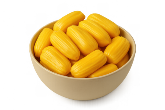 Fresh jackfruit pods in a bowl, a sweet tropical fruit snack ready to eat on transparent background