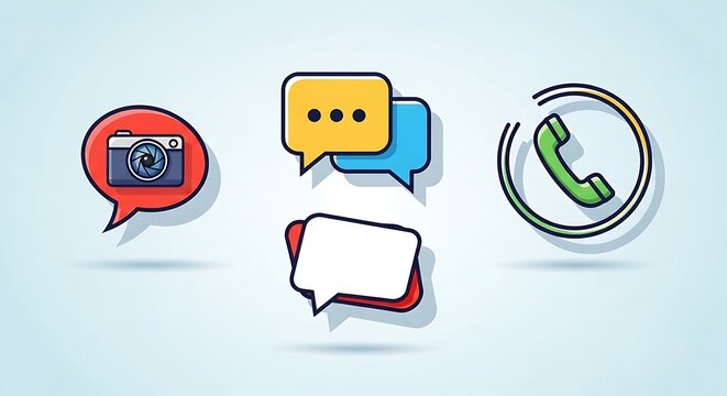 Set of communication and social media icons including camera, chat bubbles, and phone.