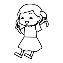 ツインテールの女の子が笑顔でジャンプするモノクロ線画ベクターイラスト