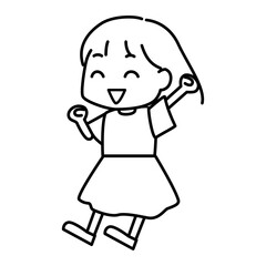 笑顔でジャンプする女の子のモノクロ線画ベクターイラスト素材