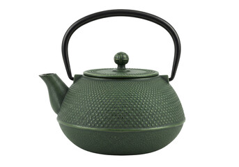 Isolated green cast iron teapot with black handle for brewing tea, healthy beverage