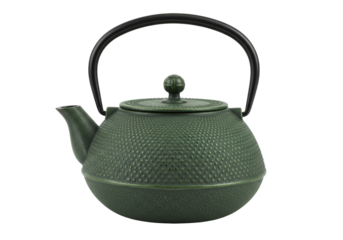 Isolated green cast iron teapot with black handle for brewing tea, healthy beverage