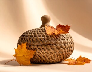 Autumnal Still Life - Woven Acorn Basket with Maple Leaves.