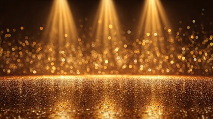 Golden stage with glitter background and luxury lighting