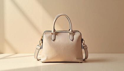 Elegant beige handbag in soft sunlight on neutral background