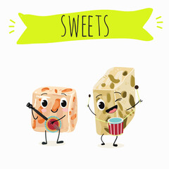 Tasty nougat, turkish delight, Halva confection, funny characters, hand drawn vector illustration.