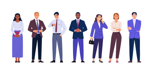Business Team Collection. Vector cartoon illustration of a group of diverse people in business outfits standing together. Isolated on a background.