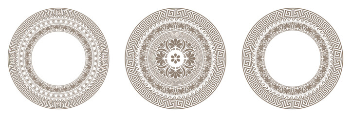 Vector set of decorative round frames with Greek ornaments in ethnic style. Greek round ornaments set. Greek pattern. Vector illustration.