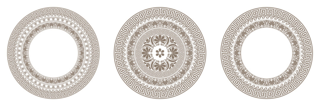 Vector set of decorative round frames with Greek ornaments in ethnic style. Greek round ornaments set. Greek pattern. Vector illustration.