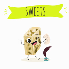 Tasty nougat, turkish delight, Halva confection, funny characters, hand drawn vector illustration.