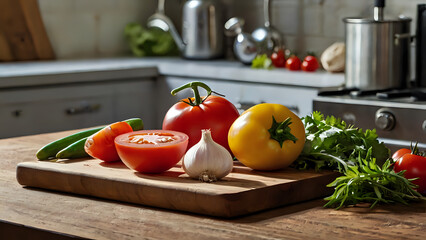 vegetables on the kitchen table, Fresh ingredients on a handcrafted wooden board in a kitchen setting