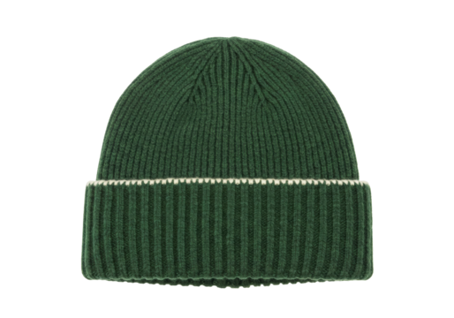 Isolated green rib knit beanie, folded cap with brim, headwear for autumn or winter look