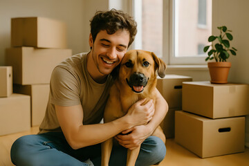 A young man and his beloved dog in a new apartment on moving day. Photographs that capture the essence of the moment.