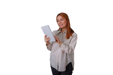 Redhead woman smiling, using digital tablet, browsing online content, learning, working, transparent background