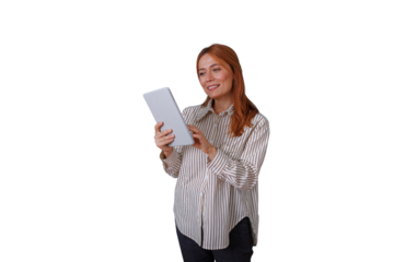 Redhead woman smiling, using digital tablet, browsing online content, learning, working, transparent background