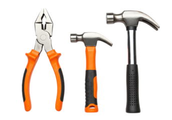 Isolated assortment of hand tools including pliers and hammers for general work usage