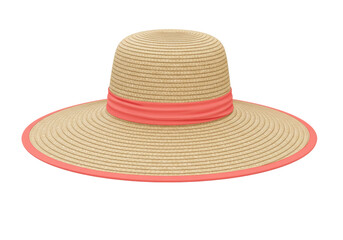 Isolated Beige straw hat with coral ribbon, summer headwear with wide brim for protection