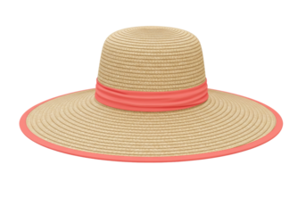 Isolated Beige straw hat with coral ribbon, summer headwear with wide brim for protection
