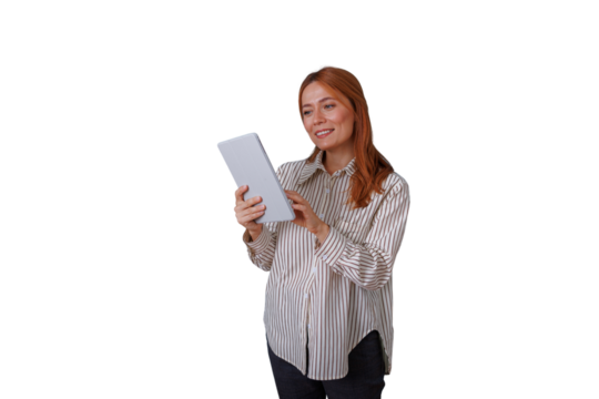 Redhead woman smiling, using digital tablet, browsing online content, learning, working, transparent background