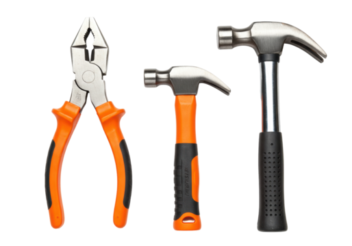 Isolated assortment of hand tools including pliers and hammers for general work usage