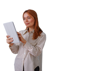 Woman with redhead hair interacting with tablet, using digital technology for business, learning, or communication