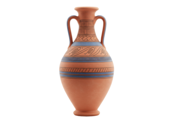 Isolated Terracotta amphora with patterns, decorative vase, historical vessel, studio shot