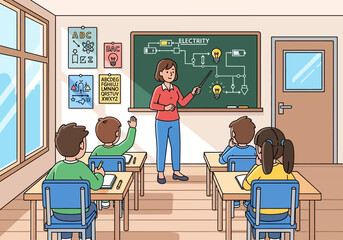 Teacher Explaining Electricity Diagram to Students.