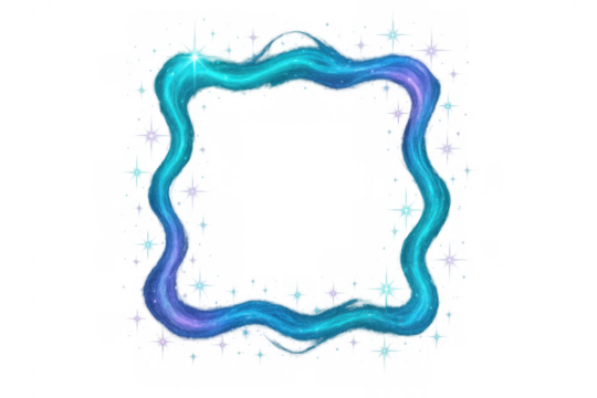 Abstract magical wavy border creating a sparkling frame effect, glowing with enchanting teal and purple liquid. Transparent background