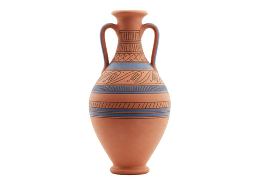 Isolated Terracotta amphora with patterns, decorative vase, historical vessel, studio shot