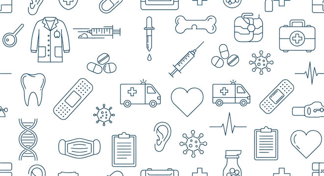 Line art medical icons seamless pattern on a white backdrop Healthcare concepts