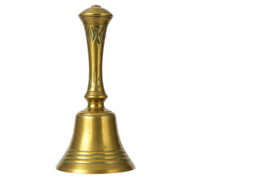 Isolated vintage brass hand bell, antique decorative object, metal, golden color, sound tool