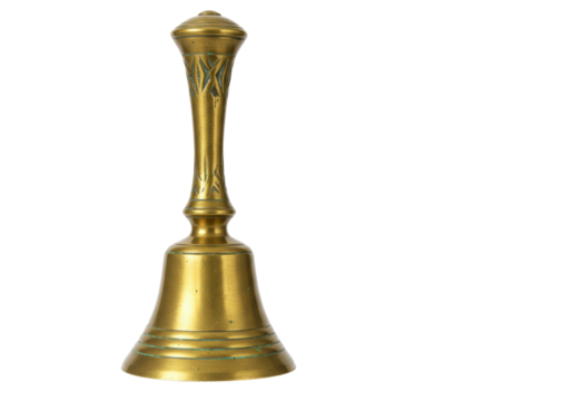 Isolated vintage brass hand bell, antique decorative object, metal, golden color, sound tool