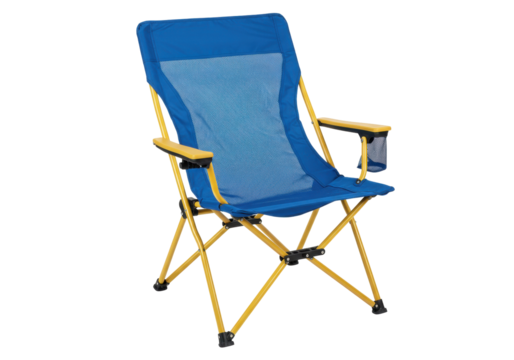 Isolated camping chair with blue mesh fabric and a drink holder, outdoor folding seat