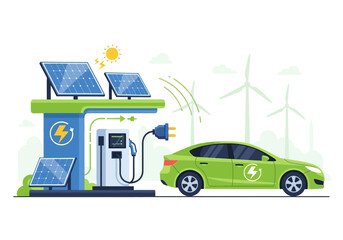 Green Electric Car Charging at Solar Panel Station with Wind Turbines in Background.