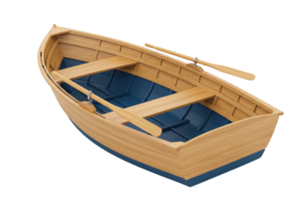 Isolated wooden rowboat with oars on a neutral surface, a small watercraft for rowing