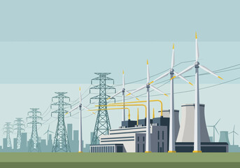 Modern Energy Production: Wind Turbines and Power Plant.