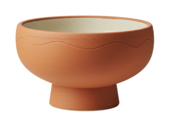 Isolated terracotta bowl, simple round vessel with base. Natural clay pot, house decor