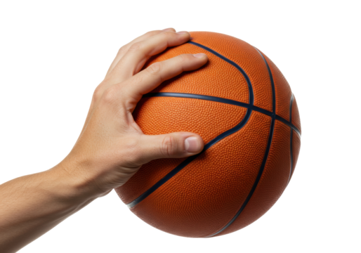 Isolated basketball in hand close-up on arm of fair-skinned person ready to shoot or dribble