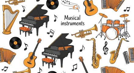 Music Instruments Seamless Pattern Piano, Guitar, Harp, Saxophone, Drums, Accordion