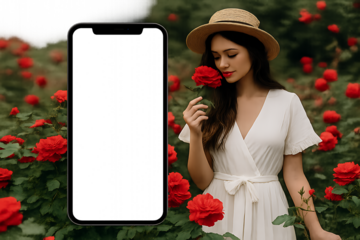 young woman holding a gift and red rose