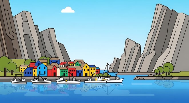 Colorful Scandinavian fishing village nestled at the base of majestic fjords. - Powered by Adobe