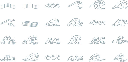 Ocean Waves Seamless Pattern Set, Blue Line Art Icons on White Background Design