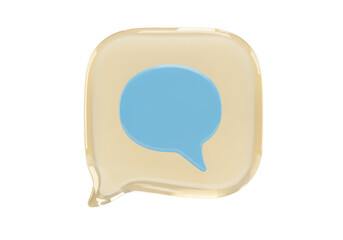 Isolated blue speech bubble icon on gold rounded square badge for notifications and messaging
