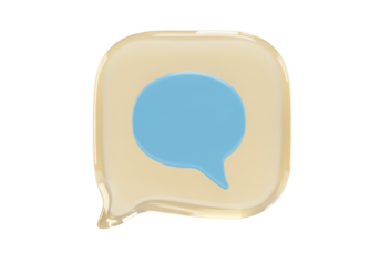 Isolated blue speech bubble icon on gold rounded square badge for notifications and messaging