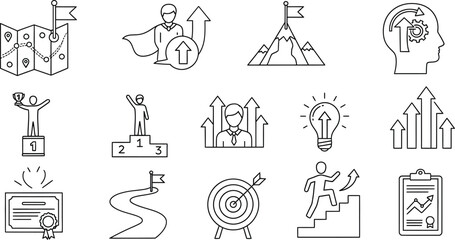 Obraz premium Outline art with business growth mindset icons on transparent background, success concept